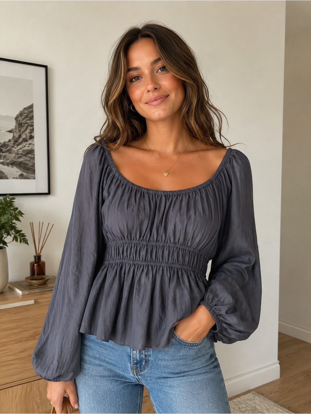 52Seven‎ Gray Smocked Peplum Top Balloon Sleeve Large Cottagecore Romantic Boho